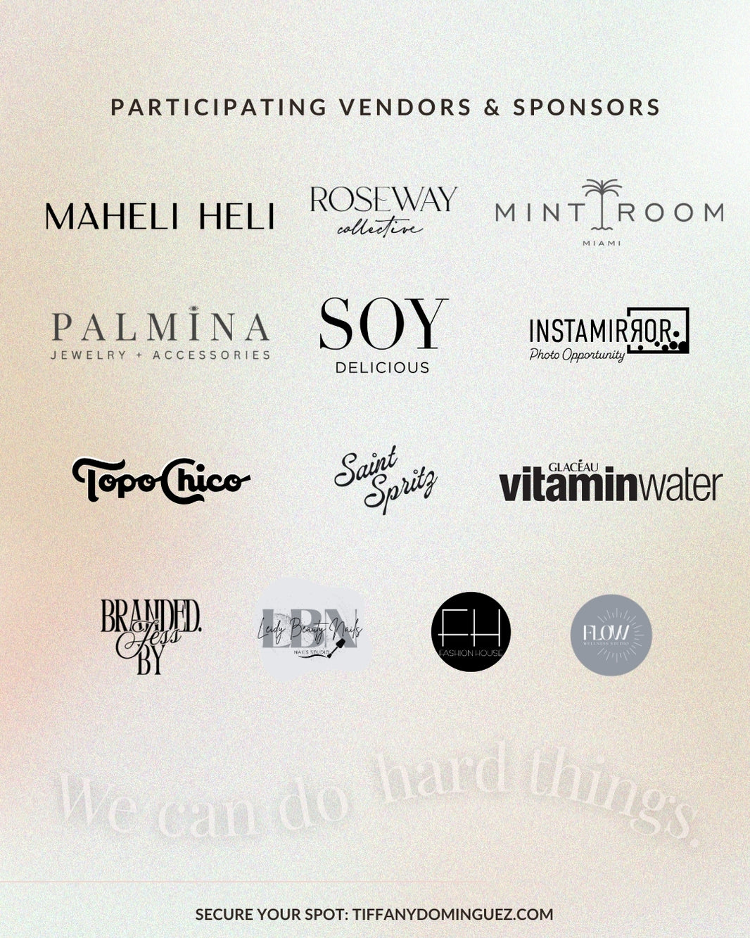 Participating vendors and sponsors for the Women's Month Celebration including Maheli Heli, Roseway Collective, Palmina Jewelry, Soy Delicious, and more